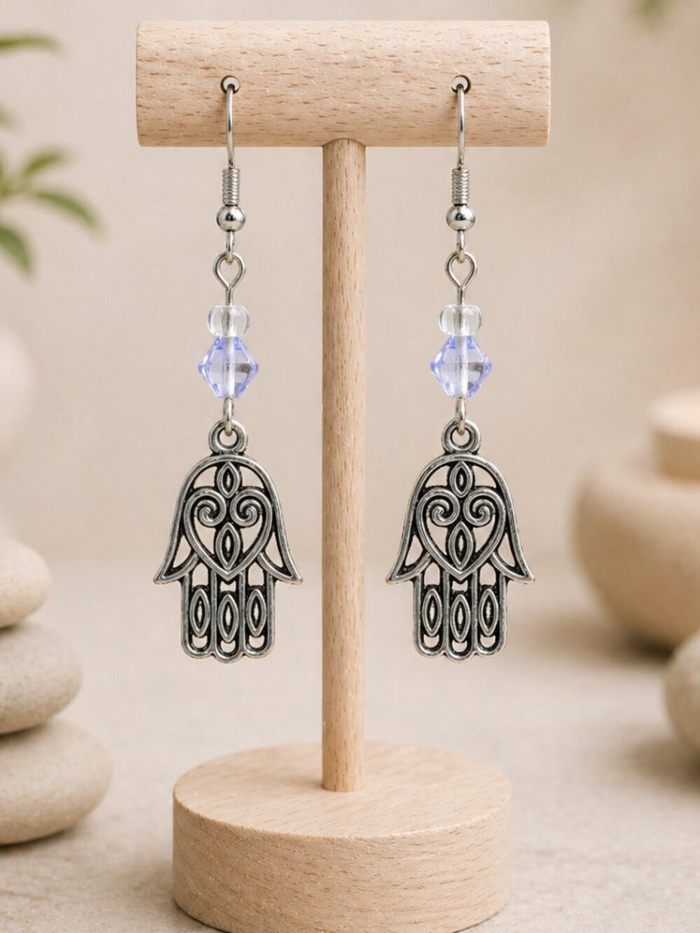 Handmade Hamsa Earrings with Blue Crystal - Picture 4 of 5